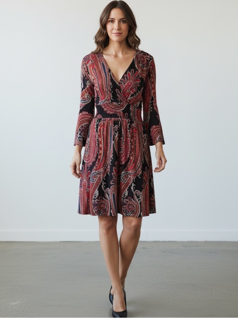 0083. Boston Proper Black and Red Paisley Faux Wrap-Style Midi Dress